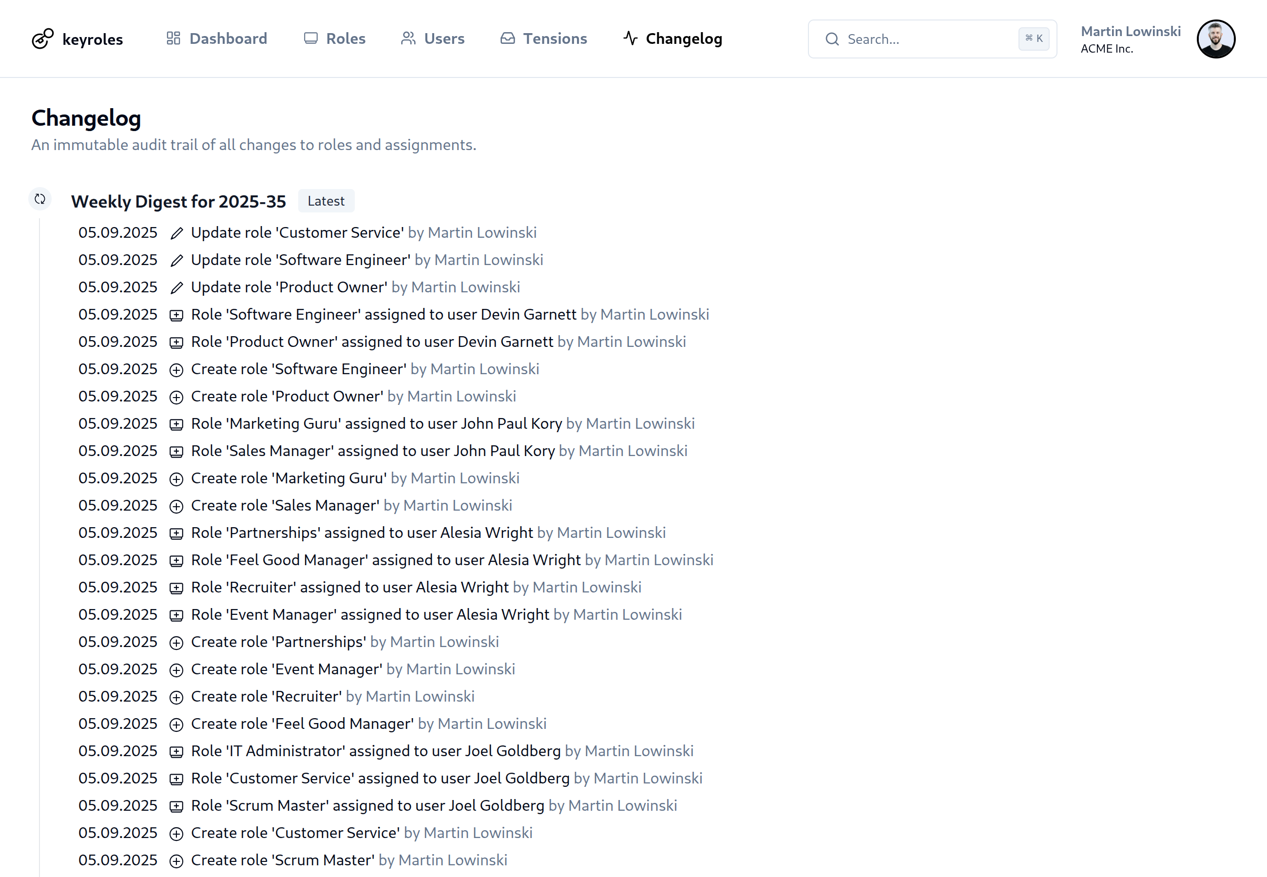 Application screenshot of the changelog (audit)