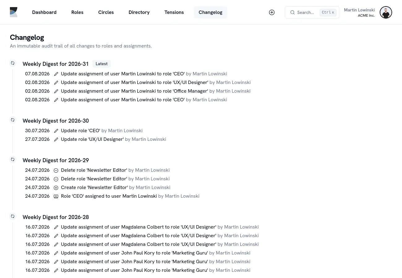 Application screenshot of the changelog (audit)
