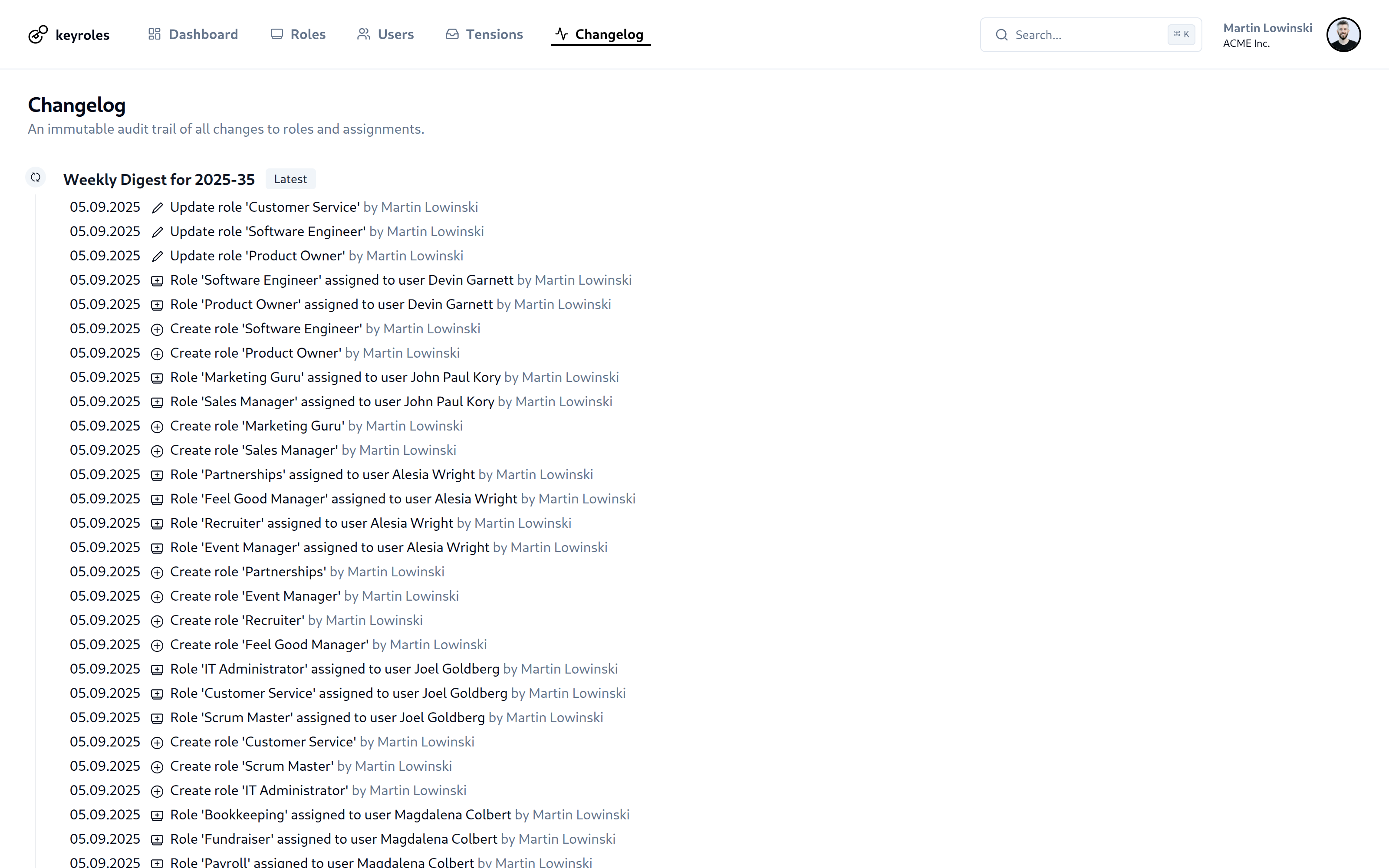 Application screenshot of the changelog (audit)