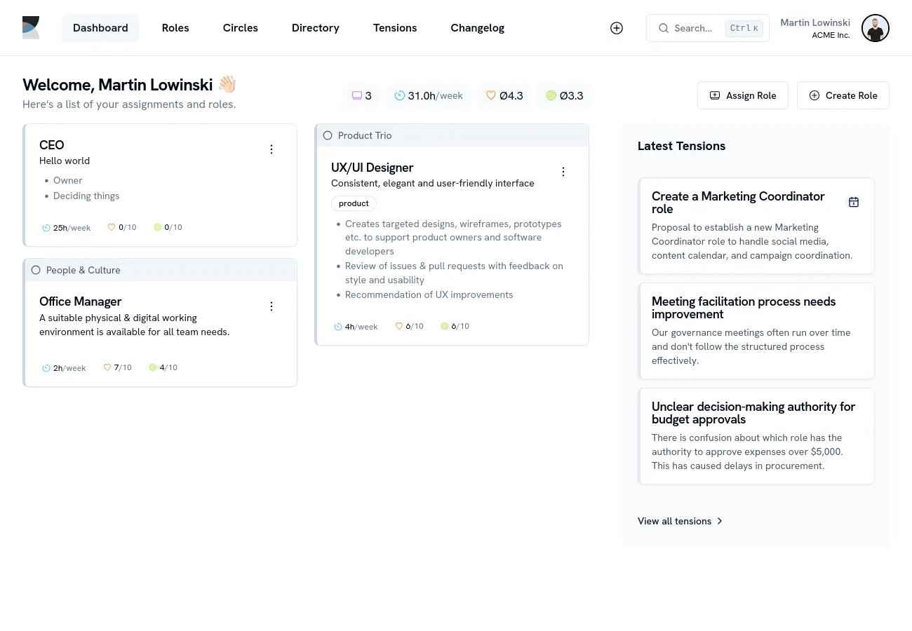 Application screenshot of the dashboard
