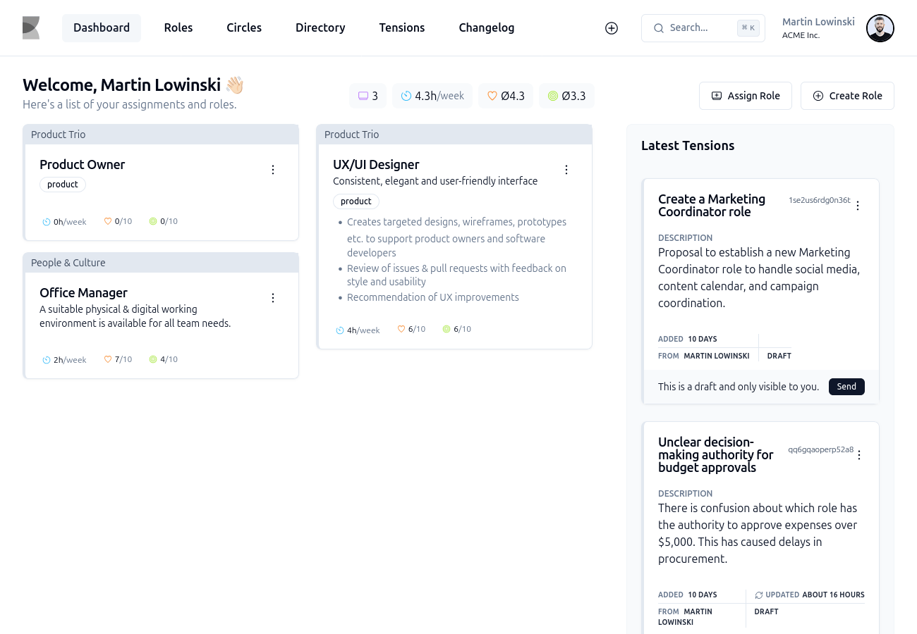 Application screenshot of the dashboard
