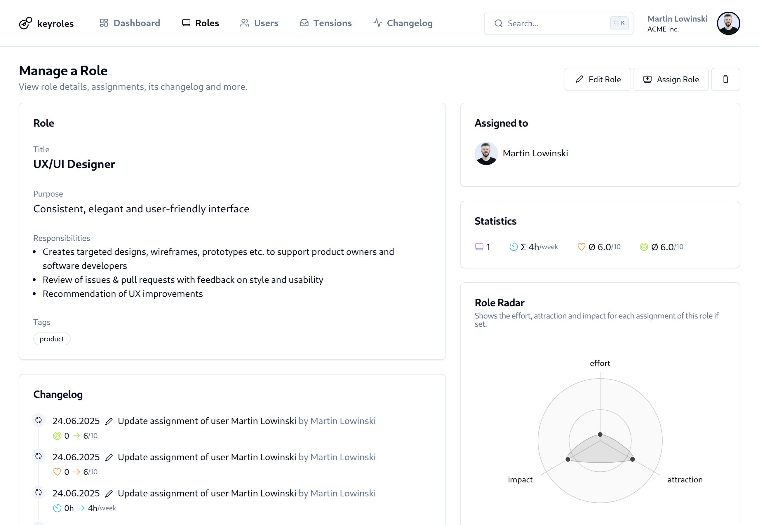 Application screenshot of a specific role