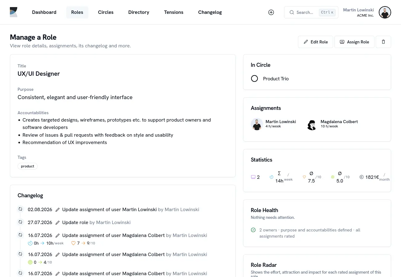 Application screenshot of a specific role