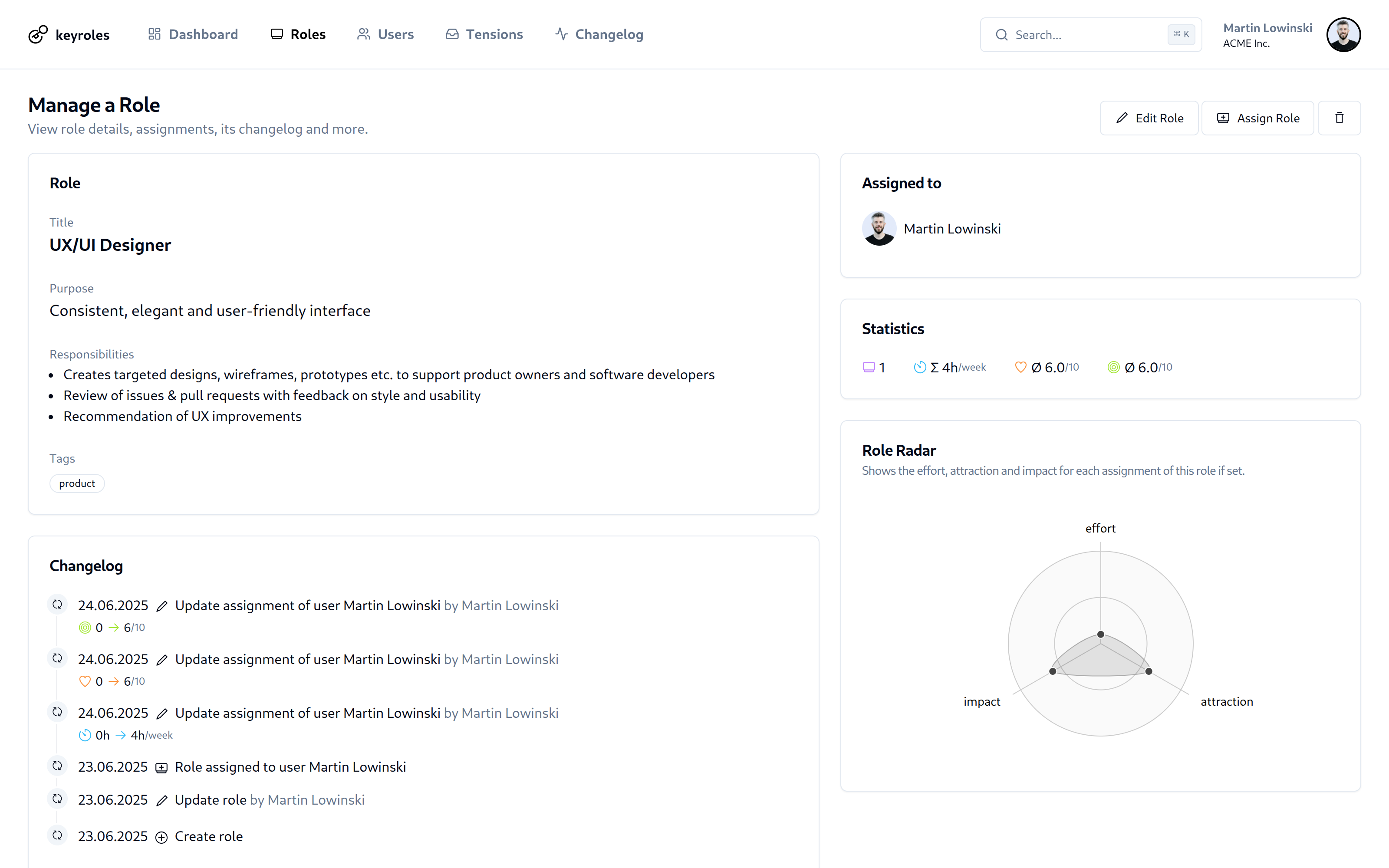 Application screenshot of a specific role
