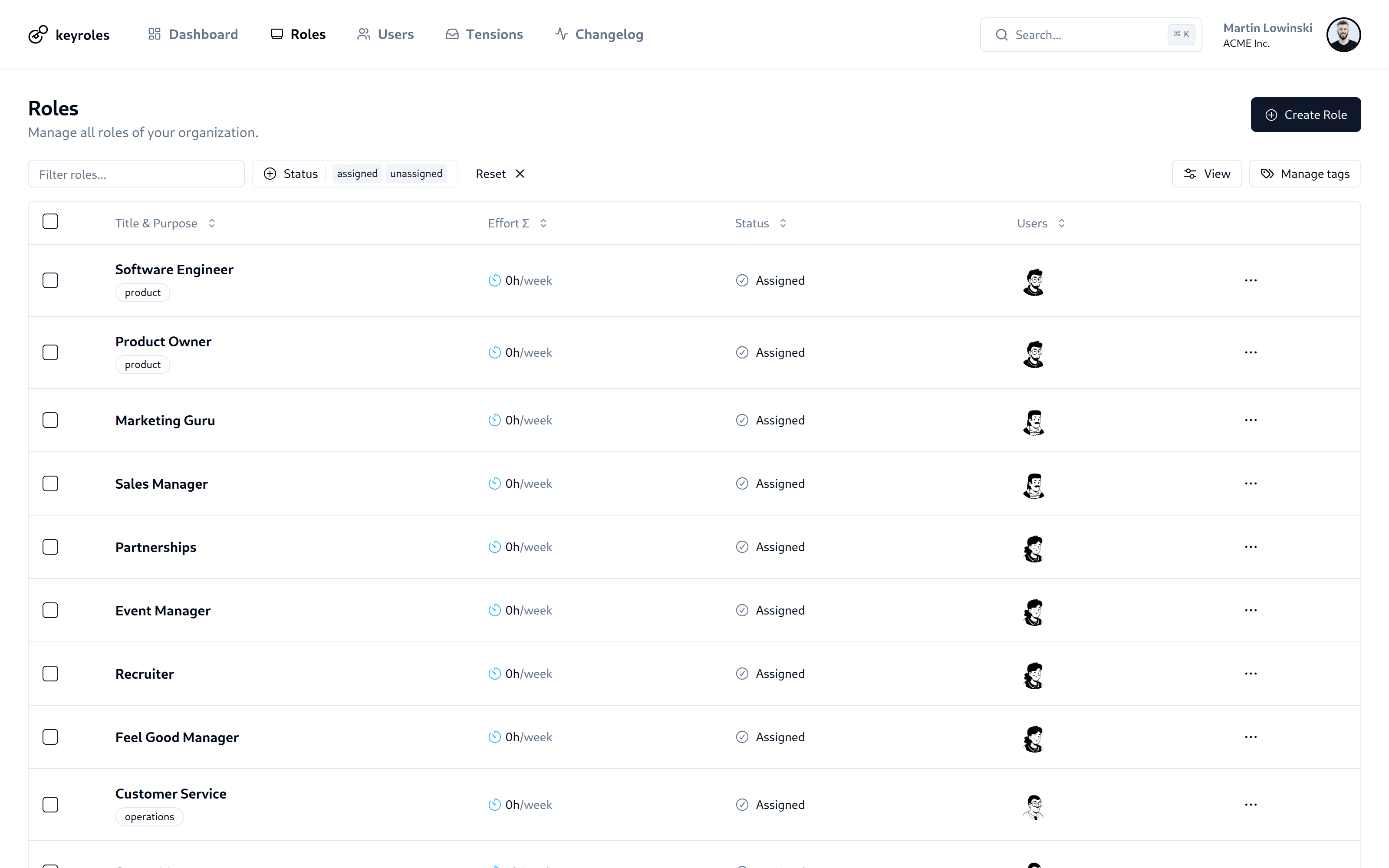 Application screenshot of the roles table