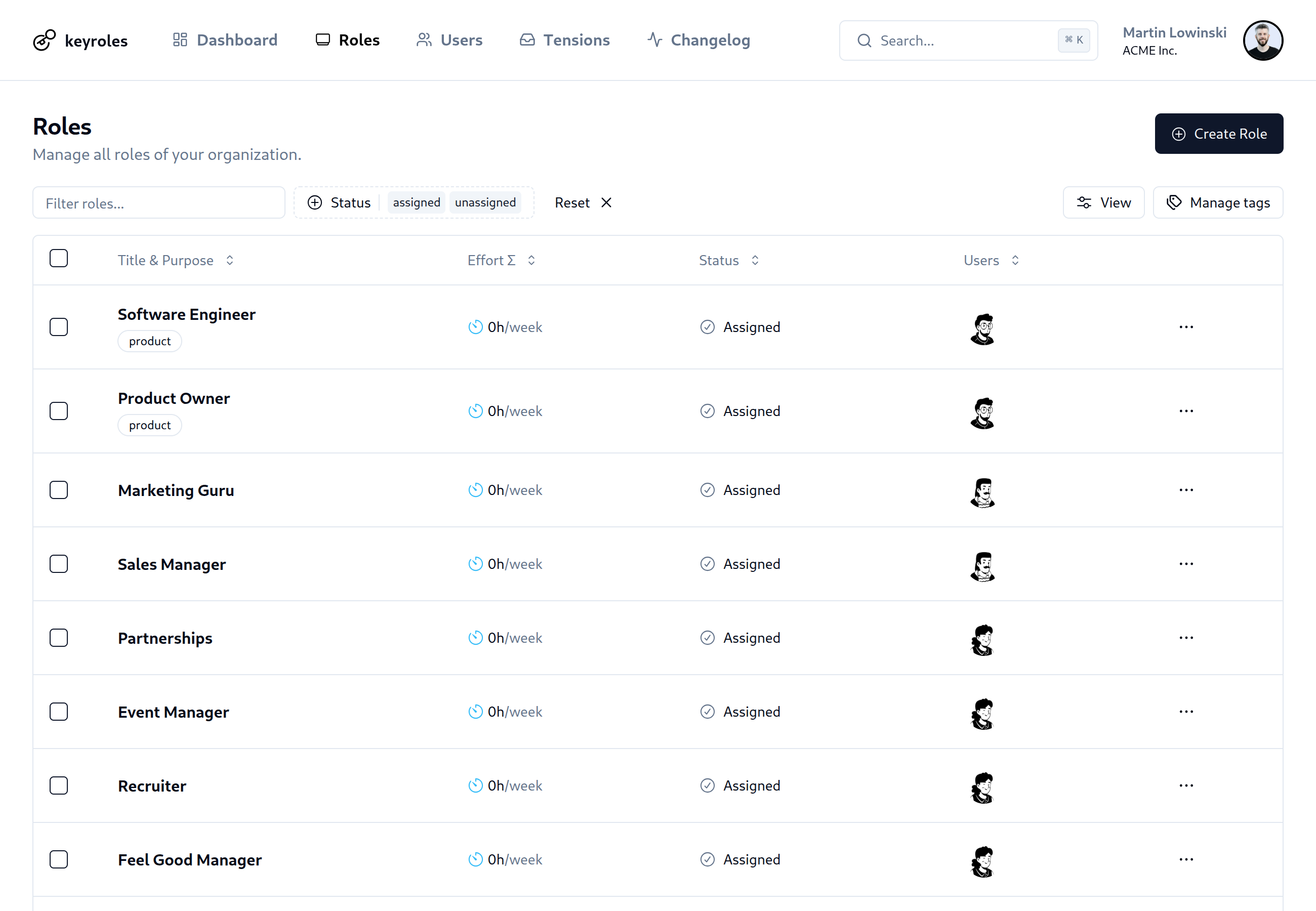 Application screenshot of the roles table