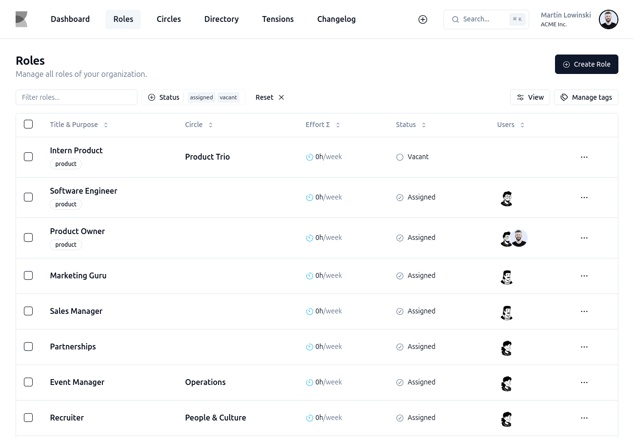 Application screenshot of the roles table