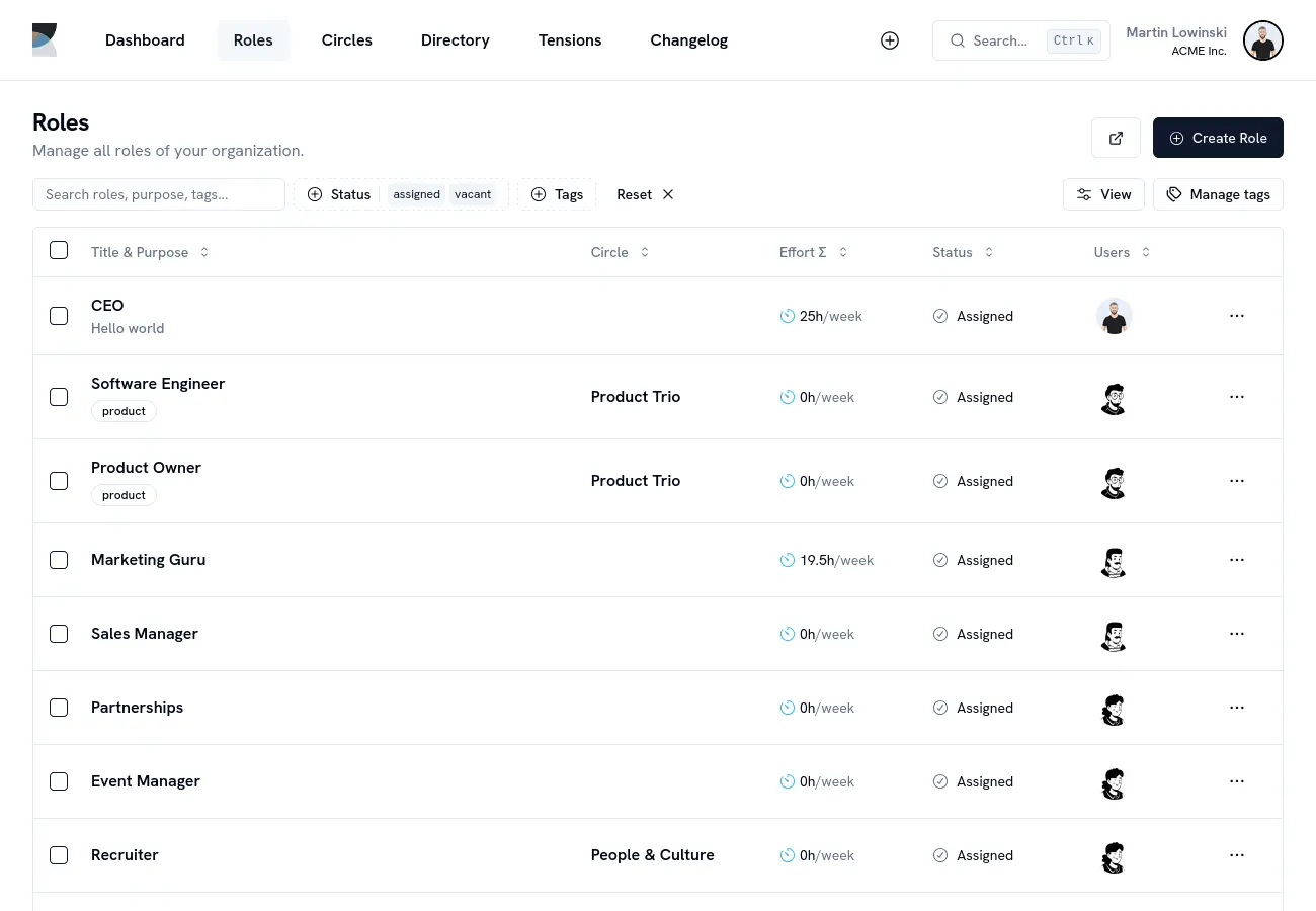 Application screenshot of the roles table