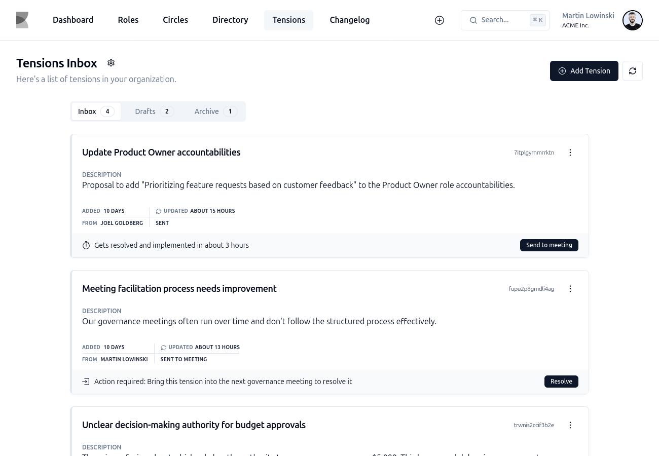 Application screenshot of a tension in the organization