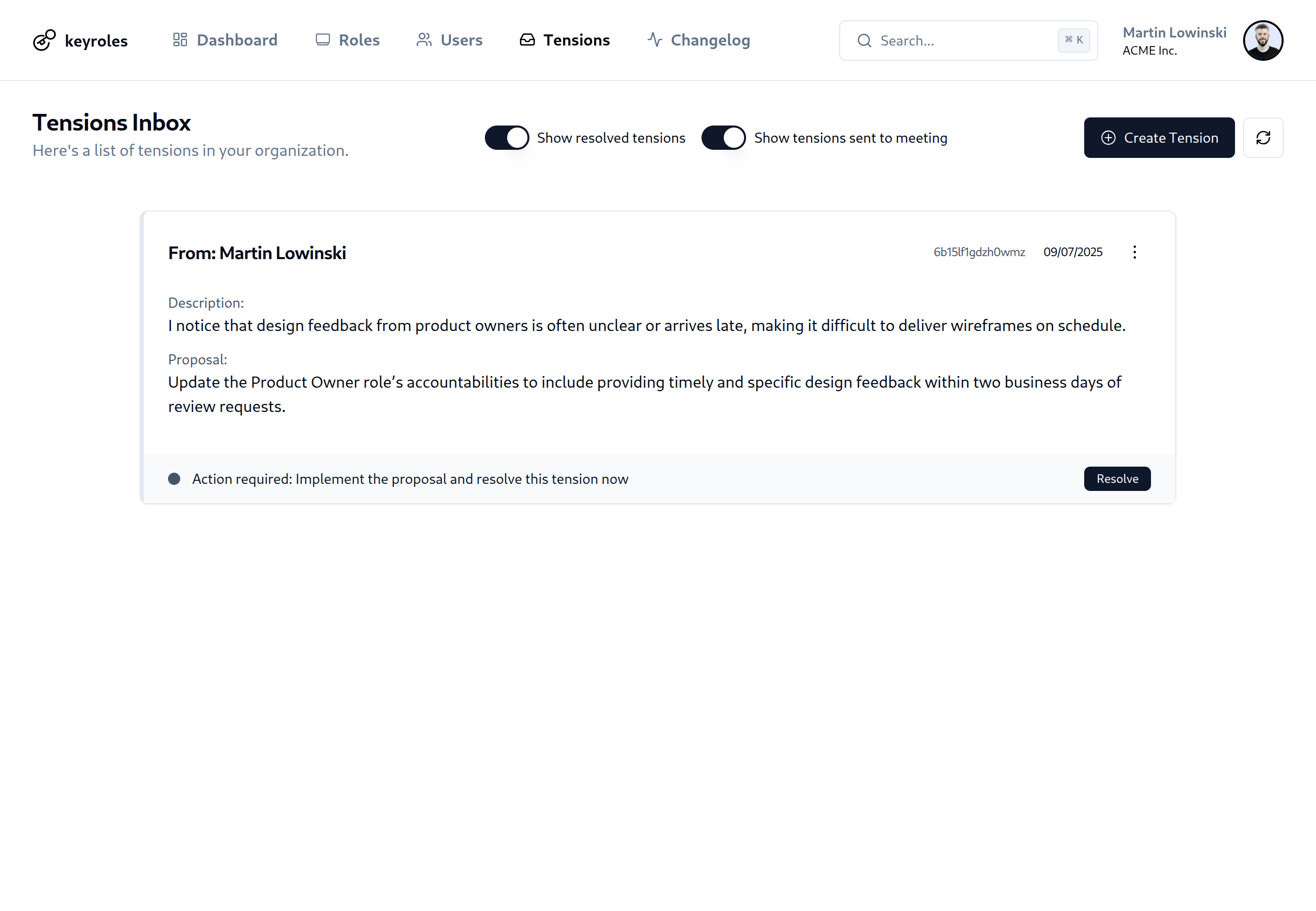 Application screenshot of a tension in the organization