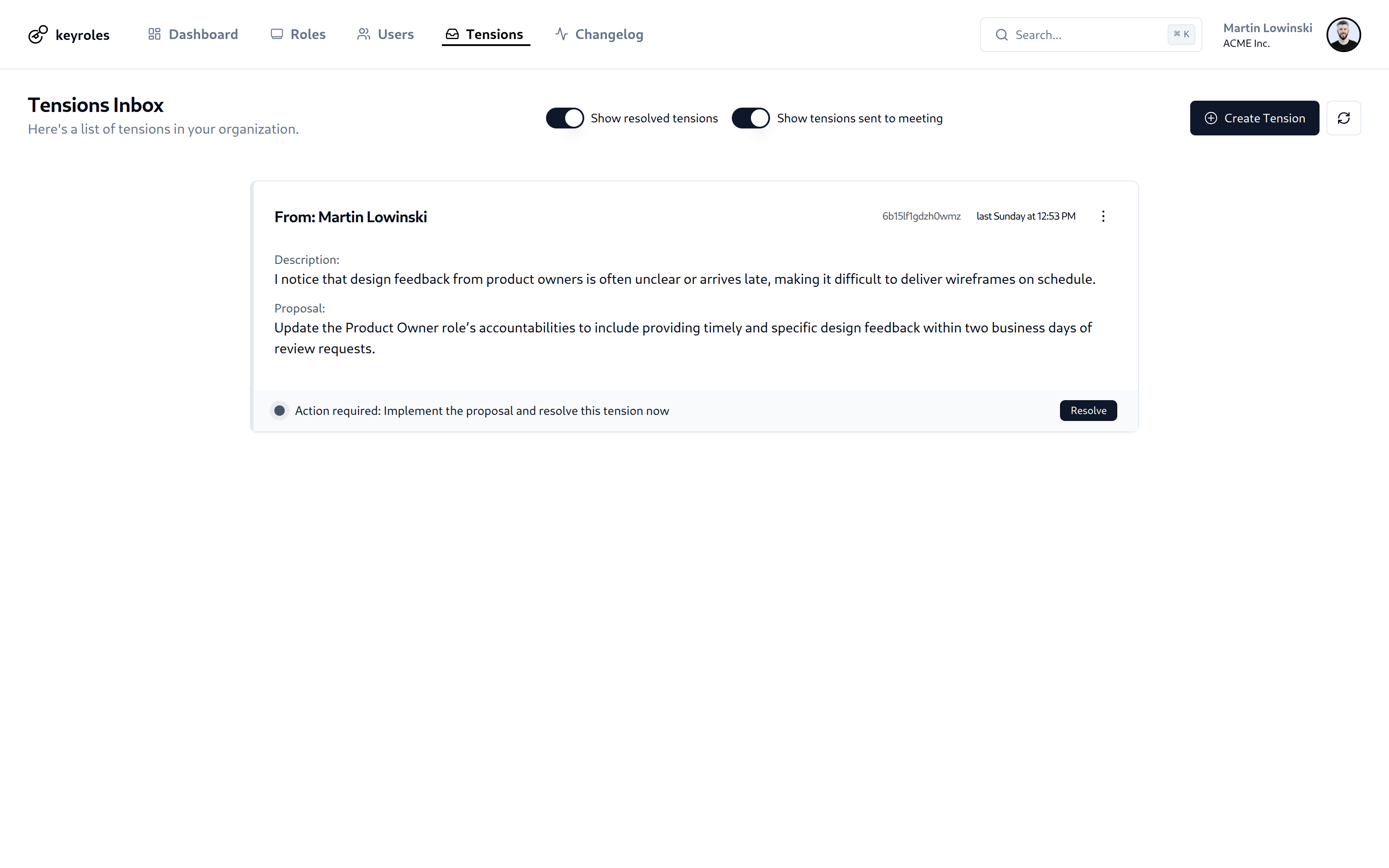 Application screenshot of a tension in the organization