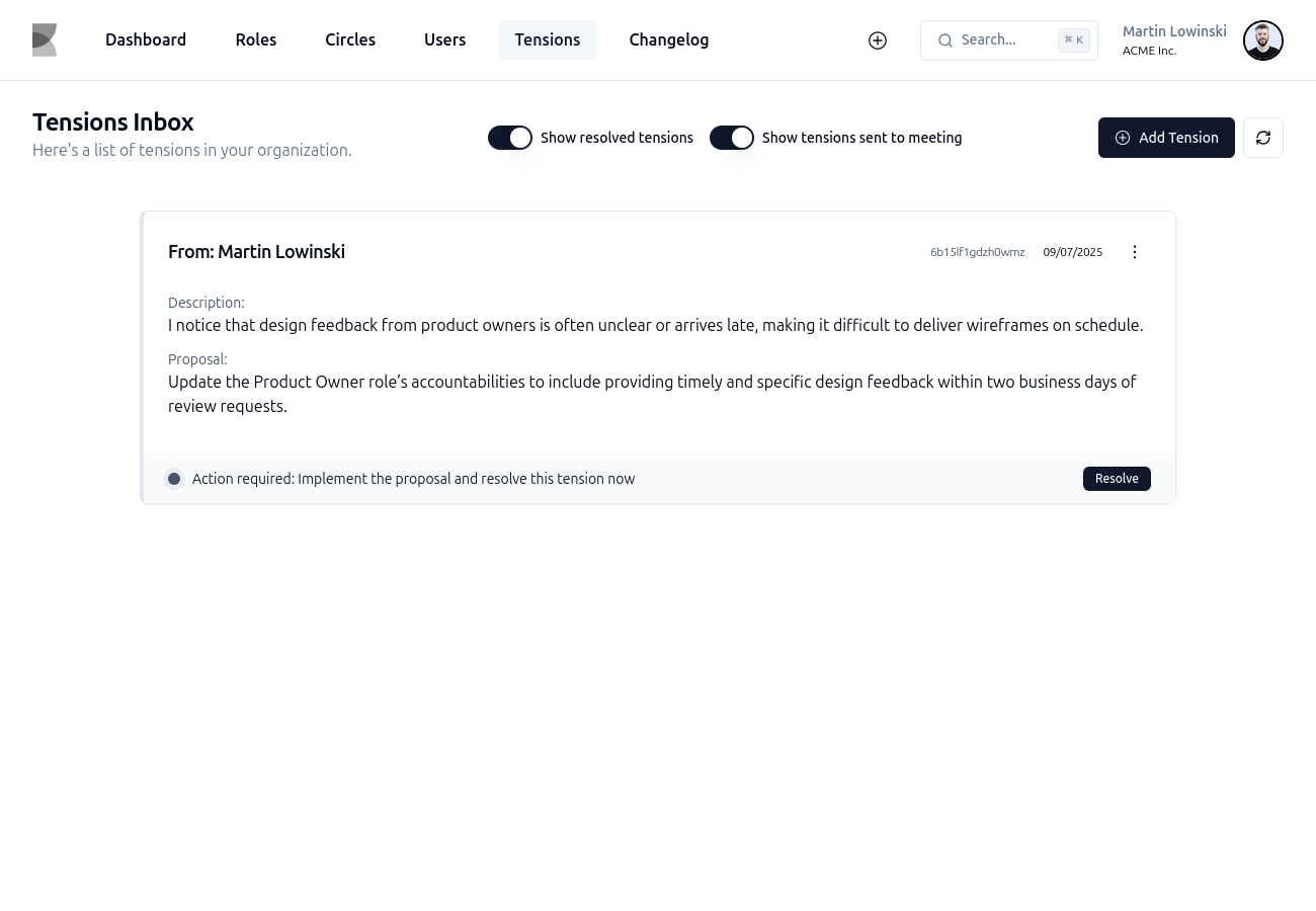 Application screenshot of a tension in the organization