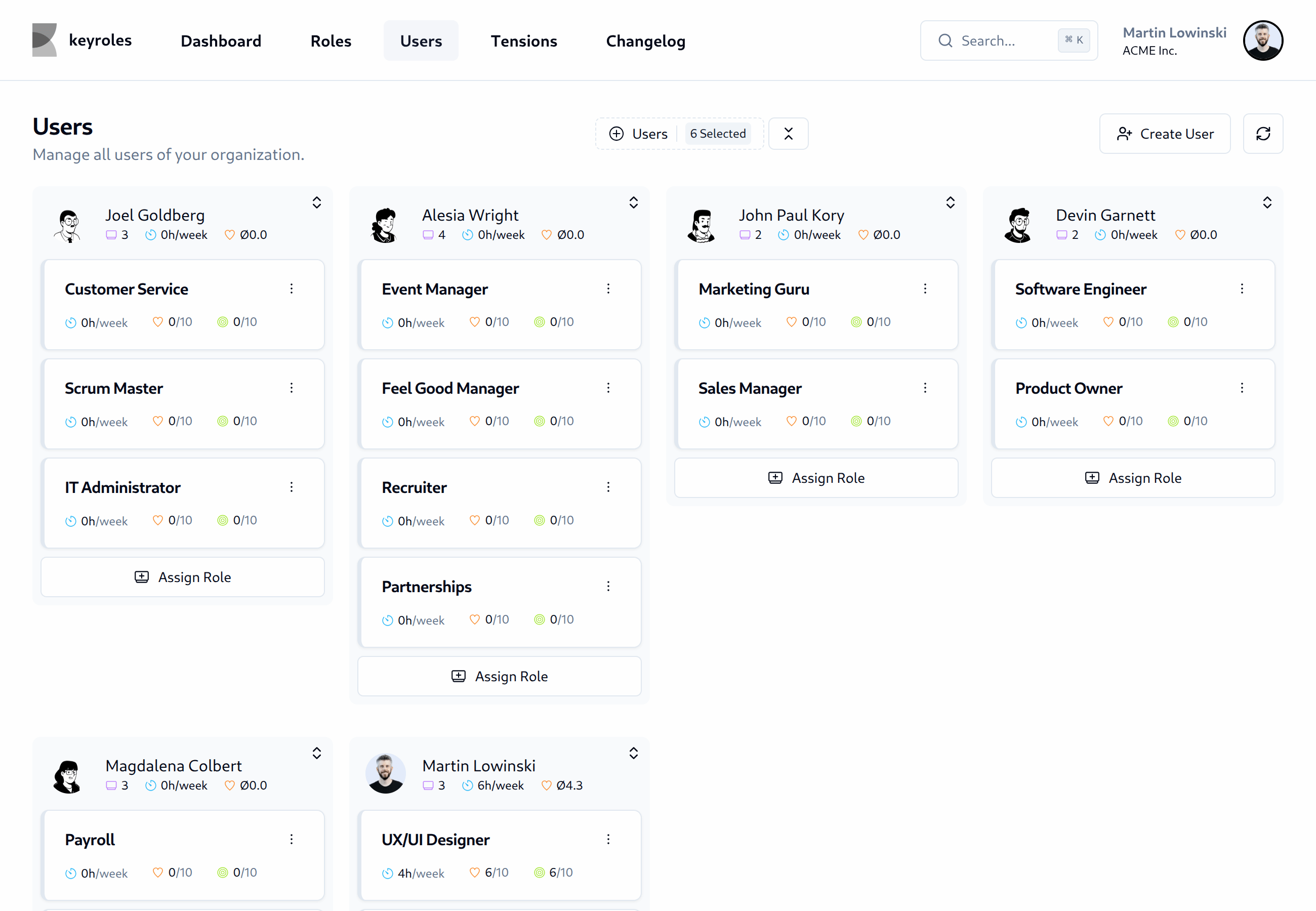 Application screenshot of the user overview