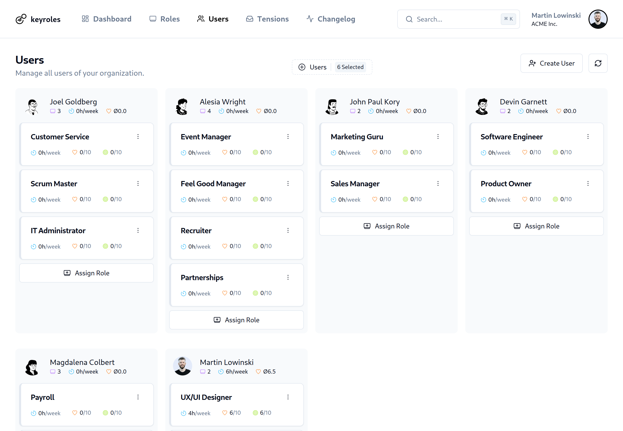 Application screenshot of the user overview